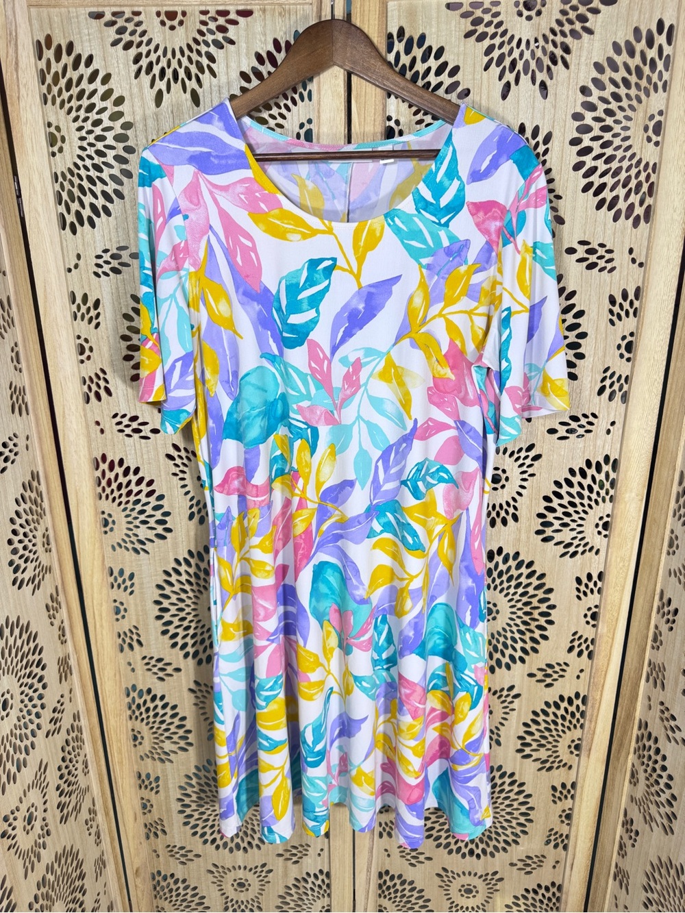 Susan Graver Liquid Knit Tropical Floral Fit Flare Dress XL Pockets Stretch